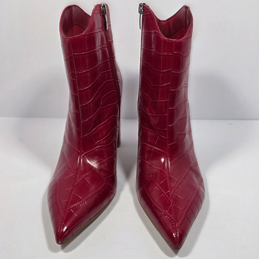 Marc Fisher Red Croc Embossed Ankle Boots 10M Pointed Toe Block Heel Booties